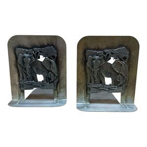 Vintage METZKE Pewter Bookends African Elephants 3-Dimensional Metal Patina